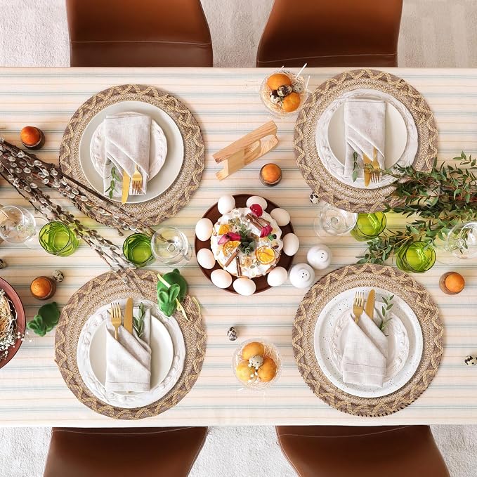 12 Set 15 Inch Round Burlap Placemat Openwork Boho Jute Woven Charger Rustic Vintage Natural Brown Heat Resistant Dining Table Mat for Wedding Farmhouse Craft Home Summer Birthday Party Decor