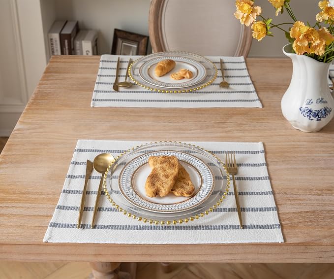 Caflife Boho Farmhouse Placemats Set of 4, Grey Stripes Cotton Linen Woven Table Mats for Modern Dining Table, 13x19 Inch Rustic Kitchen Decor Place Mats