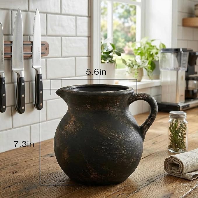 Rustic Kitchen Utensil Holder,7.6 Inch Large Ceramic Utensil Crock for Countertop, Vintage Kitchen Counter Decor,Home Decor,Stunning Ceramic Vase(Black Copper)