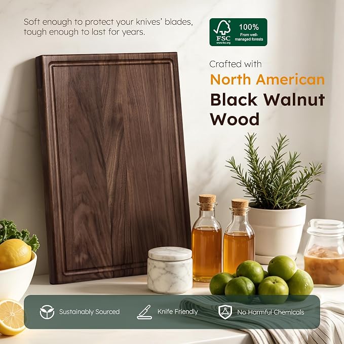 24 Inch Luxury American Black Walnut Wood Cutting Boards for Kitchen, Extra Large Reversible Wooden Cutting Board, Solid Hardwood Charcuterie Board Butcher Block Made in USA Gourmet Kitchen Gift