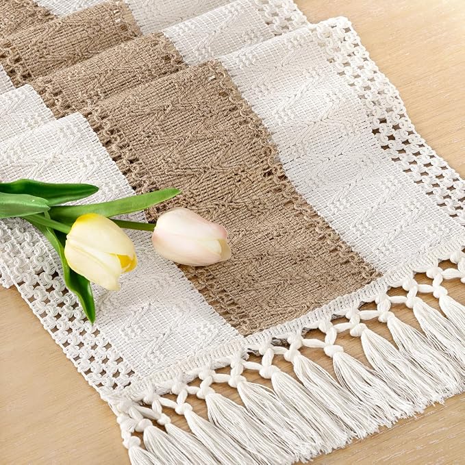 Socomi Boho Table Runner Summer Farmhouse Rustic Dining Kitchen Centerpiece Decor Small Macrame Woven Cotton Linen Coffee Table Runner for Dresser Scarf Home Decor 12x36 inch