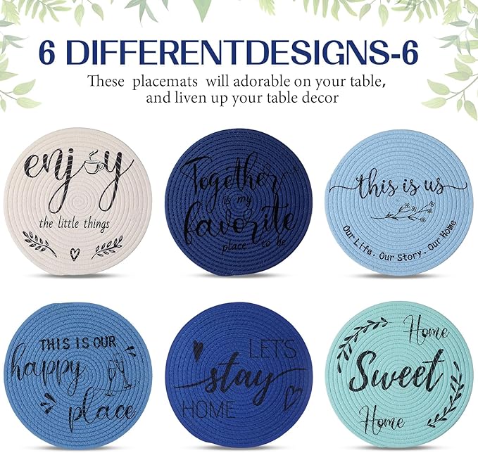 13 Inch Round Cotton Placemat Set of 6 Woven Boho Coasters Table Mats Dining Table Setting Decor Washable Heat Resistant Farmhouse Circle Place Mats for Home Accessories(Blue)