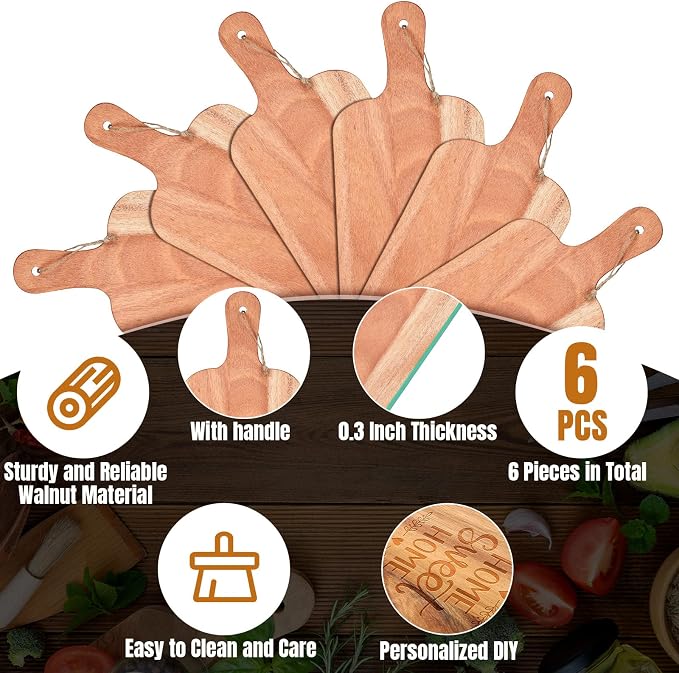Patelai 6 Pcs Cutting Board Set with Handles Laser Engraving Wooden Charcuterie Kitchen Plain Serving Chopping Board Bulk for DIY Housewarming(Walnut,15 x 7 Inch)