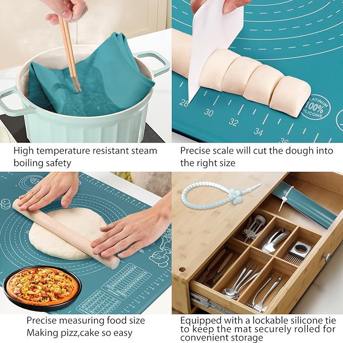 Silicone Pastry Mat 32" x 24" Extra Thick Non Stick Baking Mat with Measurements and Edge Heightening, Food Grade Silicone Rolling Mat for Pastry, Bread, Cookies, Pizza, Fondant, Pasta