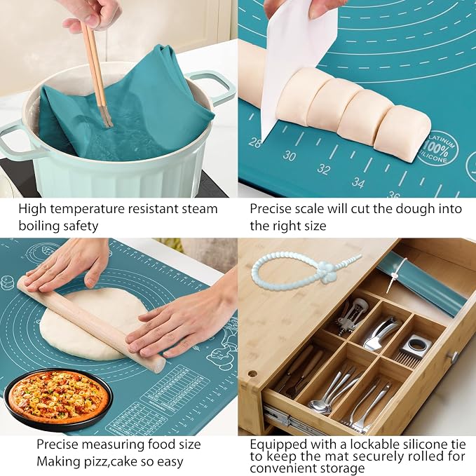 Silicone Pastry Mat 24" x 16" Extra Thick Non Stick Baking Mat with Measurements and Edge Heightening, Food Grade Silicone Rolling Mat for Pastry, Bread, Cookies, Pizza, Fondant, Pasta