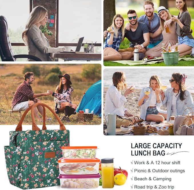 Joymee Insulated Lunch Bag for Women Reusable Leakproof - Green Floral | Spacious Storage, Bottle Holder & Pockets, Leakproof Insulated, for Work, Travel, Picnic, Daily Use, for Adult
