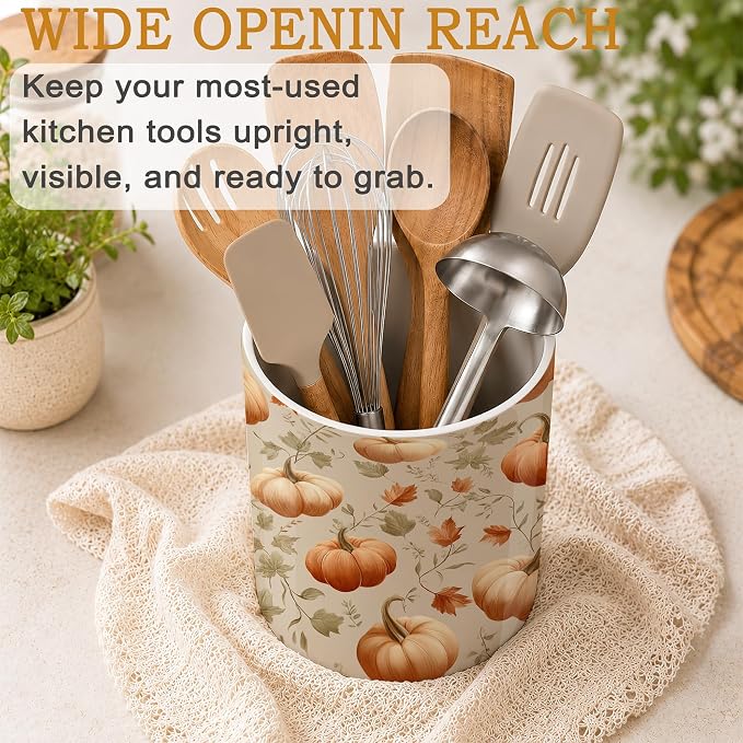 Pumpkins Kitchen Utensil Holder,Autumn Maple Leaves Large Ceramic Utensil Crock Organizer for Spatulas,Spoons and Cooking Tools,Kitchen,Home Decoration 6.3"