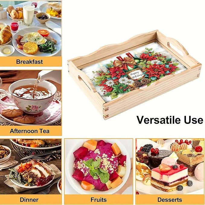 BAYUNOE DIY Diamond Serving Tray Christmas Rectangular Breakfast Tray with Handle Handmade Diamond Art Painting Wooden Tray for Dinner Plate Coffee Room Living Home Organizer-Champagne