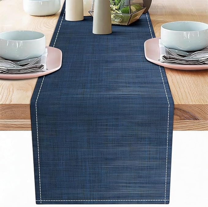 Niviy Dark Blue Table Runner, 12x72 Inch Washable Easy to Clean Farmhouse Navy Blue Table Runners for Holiday Party Kitchen Dining Room Decoration