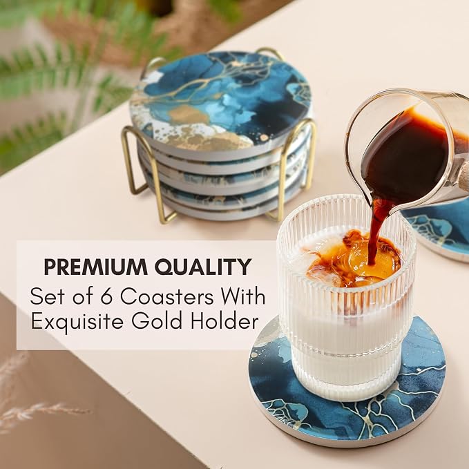 Colorful Ceramic Marble Coasters Set of 6, Cute Moisture Absorbing Coaster, Coffee Table Decor, Stone Absorbent Drink Coasters