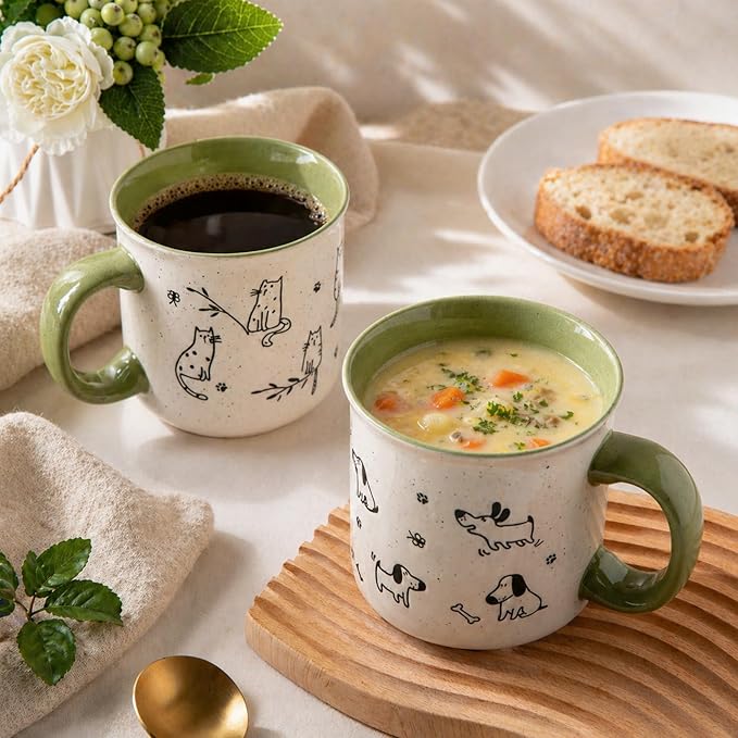 AmorArc 22 OZ Large Ceramic Coffee Mugs Set of 2, Oversized Mugs With Big Handle for Men Women Dad Mom, Big Mug With Textured Dogs Cats Patterns for Office & Home -Microwave Safe, 2 Pcs-Green