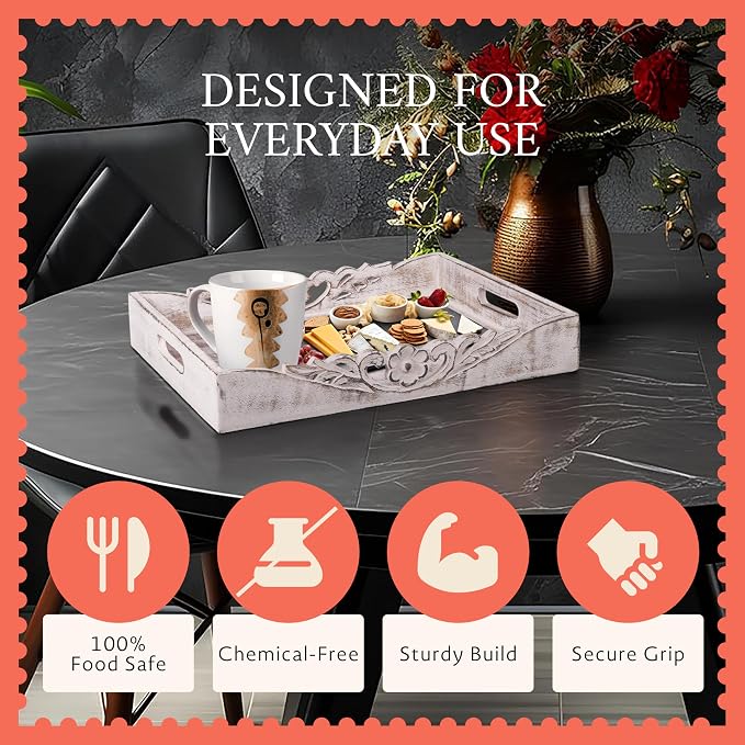 Mela Artisans 16” x 12” x 2.5” Mango Wood Orchid Serving Tray with Handles – Ottoman Distressed White– Large Handcrafted Wooden Serving Board for Coffee, Snacks & Home Décor