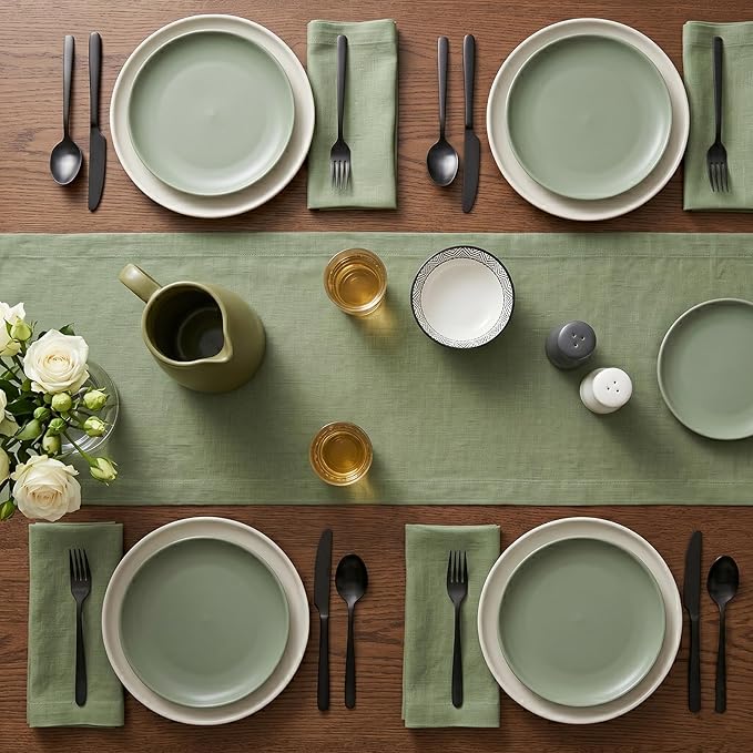 Solino Home Linen Oil Green Table Runner 120 Inches Long - 100% Pure Linen 14 x 120 Inch Table Runner for Spring, Summer - Fete