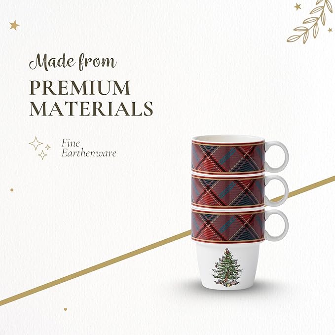 Spode Christmas Tree Tartan Stacking Mugs, Set of 4 – Festive Tartan Design Coffee Cups, 10oz Earthenware for Holidays, Colorful & Fun Stackable Cups, Great Gift for Seasonal Celebrations