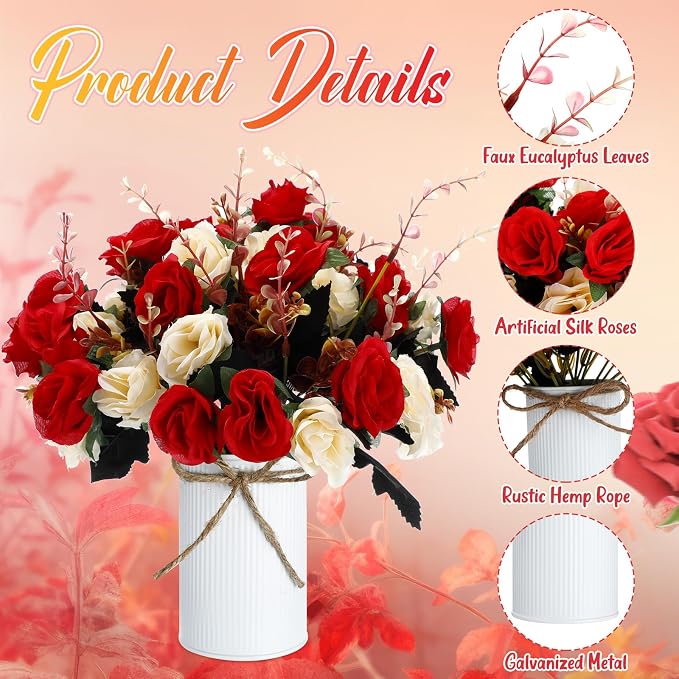 Domensi 12 Sets Wedding Centerpiece for Table Artificial Rose with Vase Fake Bouquets and Metal Pot Flower Arrangements for Bridal Shower Birthday Party Event Table Decor (Red,Champagne)