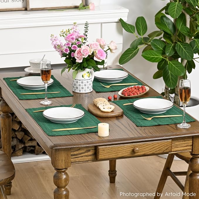 Artoid Mode Dark Green Farmhouse Woven Rustic Hollow Placemats Set of 6,12x18 Inch Seasonal Holiday Table Mats Party Kitchen Dining Decoration