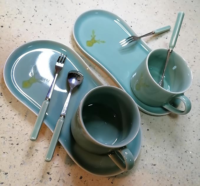 Longquan UNESCO Heritage Celadon Coffee Set Double-Glazed – Handcrafted Song Dynasty, Sky Blue & Plum Green Glaze, 310ml 4-Piece Set with Spoon & Fork, Gift Box (1, BLUE)