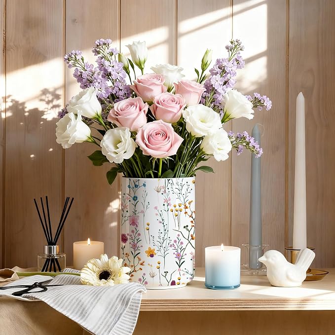 Wildflowers Utensil Holder,Countertop Ceramic Utensil Holder,Large Cooking Utensil Crocks for Kitchen Counter Decor,Ceramic Vase for Kitchen Utensils, H6.3 xD4.7(Wildflowers)
