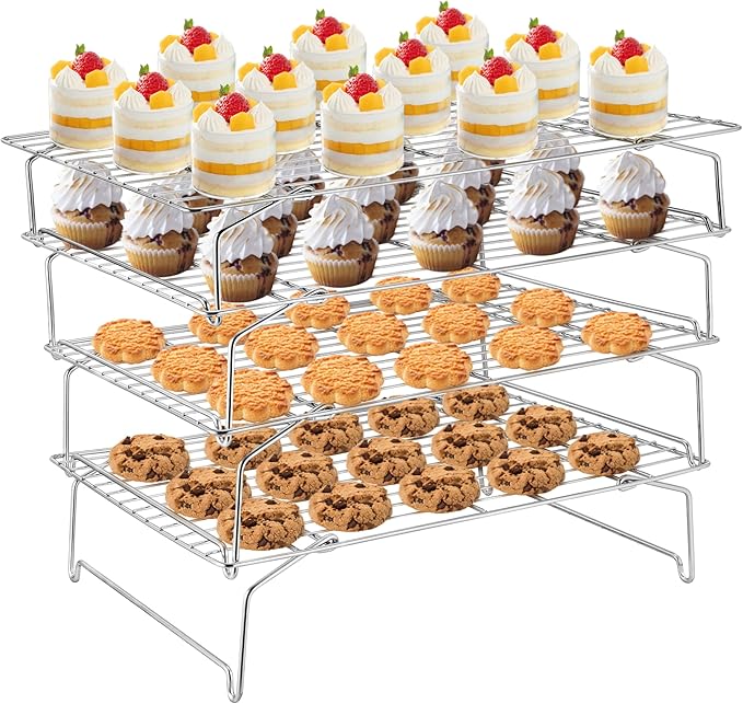 TeamFar Cooling Rack, 4-Tier Stainless Steel Wire Rack for Baking Roasting, Healthy & Heavy Duty, Dishwasher Safe, Stackable & Collapsible, Firmly Weld & Smooth Surface, 15”x10”