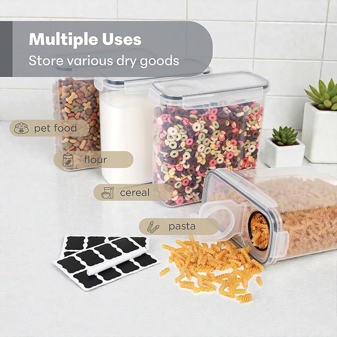 4 Pack Stackable Airtight Food Storage Containers (4L/135.2 oz) with Lids, Labels & Marker, BPA-Free Leakproof Pantry Organization for Cereal, Flour, Rice & Dry Food