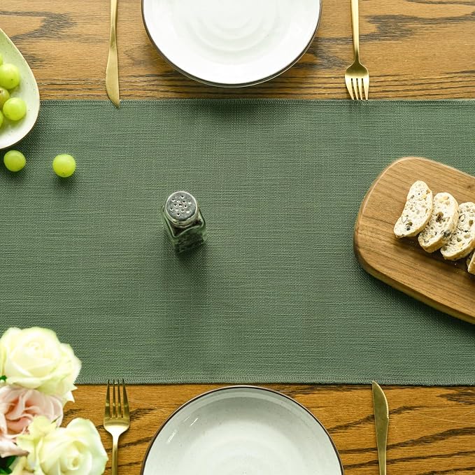 Artoid Mode Dark Green Tassel Table Runner, Linen Blend Rustic Farmhouse Style Kitchen Table Decoration Holiday Wedding Party Dinning Decor 13x36 Inch
