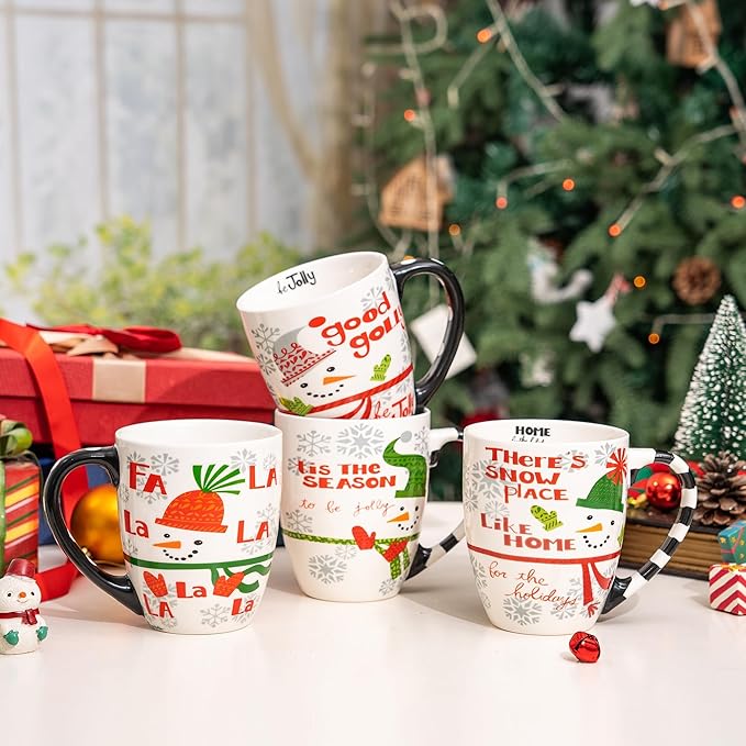 Topadorn 18 oz Christmas Mugs Set of 4, Ceramic Coffee Cups with Snowman & Christmas Hat Design - Gift for Family and Friends, Ideal for Holiday Party, Hot Chocolate, Tea