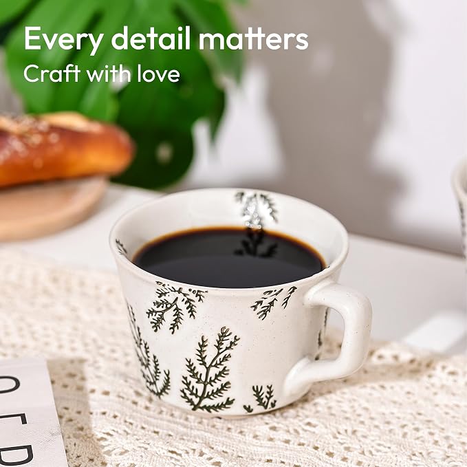 Ceramic Coffee Mug, 11 oz Small Novelty Unique Teacup with Handle, Stoneware Cup for Tea Mocha Latte Cappuccino (Set of 4, Plants)