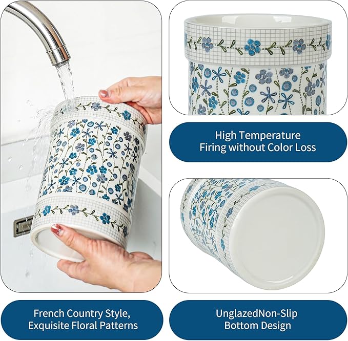 Ceramic Utensil Holder for Counter,Utensil Crock with Blue Floral Pattern for Countertop,Kitchen Organizer for Spoons,Whisks,Spatulas,Farmhouse Kitchen Decorative Accessories