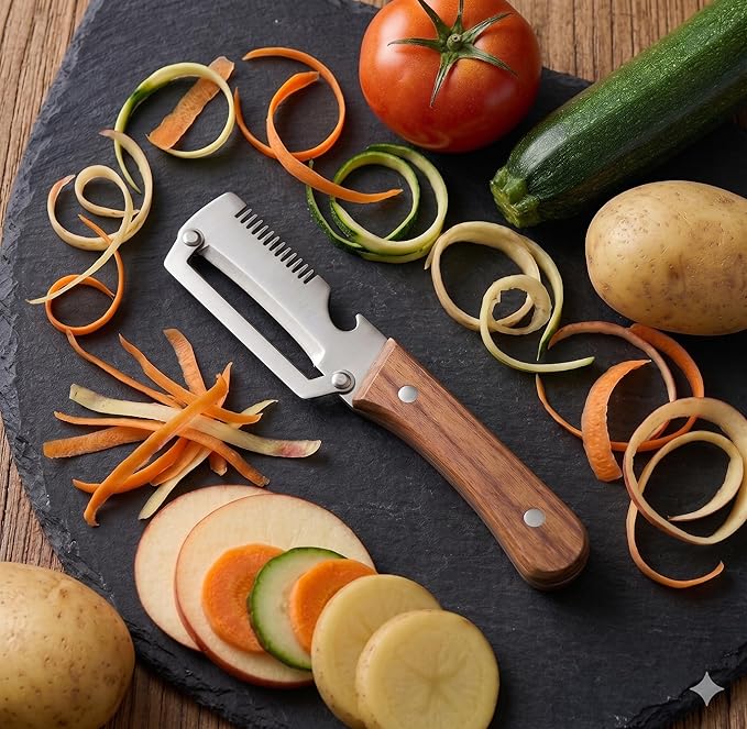 New Multifunctional Vegetable Peeler with Wooden Handle, 3-in-1 Stainless Steel Vegetable Peeler with Built-in Bottle Opener for Kitchen, Hand Held Peeler Slicer Kitchen Tool for Fruit and Vegetable
