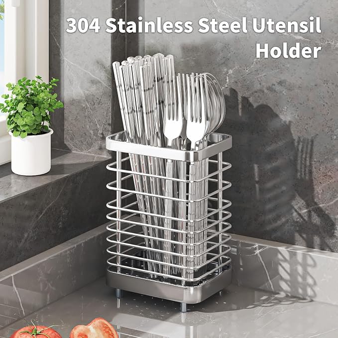 Kitchen Utensil Drying Rack,304 Stainless Steel Chopsticks Spoon Fork Knife Drainer Basket Flatware Storage Drainer, Dish Drainer for Kitchen Counter ( 3.94x2.95x5.9 inch )