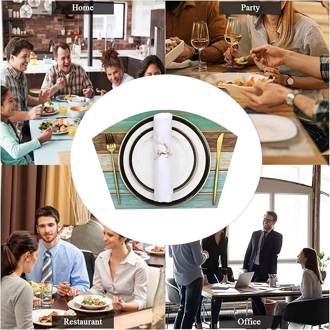 SHACOS Small Round Table Placemats Set of 5 Woven Vinyl Wedge Placemats with Centerpiece Round Table Mats Wipe Clean, Teal Brown Stripe Wood Board
