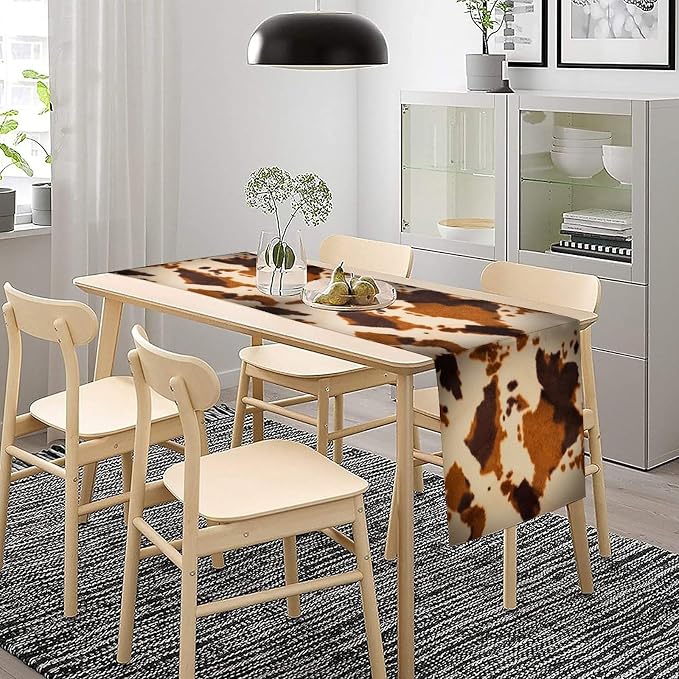 Cow Print Table Runner, Cotton Linen Rustic Cottage Country Farm Animal Fur Skin Pattern Western Style Black Brown Cowhide Print Dinner Runner for Home Kitchen Dining Table Decoration 13x108 Inch