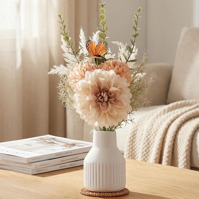 Small Fake Flowers in Vase 14" Centerpiece Table Decorations Silk Flowers Arrangements Ceramic Vase Dahlia Chrysanthemum Artificial Flowers Bouquet for Bathroom Dining Room Kitchen Wedding (White)