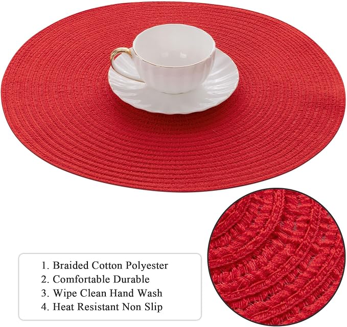 SHACOS Round Placemats Set of 4 Non Slip Washable Place Mats 15 inch Cotton Polyester Braided Placemat for Christmas Home Wedding Party Dining Table Decor (Red, 4)
