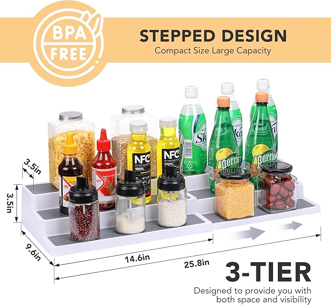 CiWiVOKi 3 Tier Expandable Spice Rack Organizer, Plastic Spice Rack, Adjustable Length 14.6In-25.8In, Non-Skid Tiered Spice Shelf Organizer for Kitchen Cabinet, Cupboard, Pantry, White/Grey