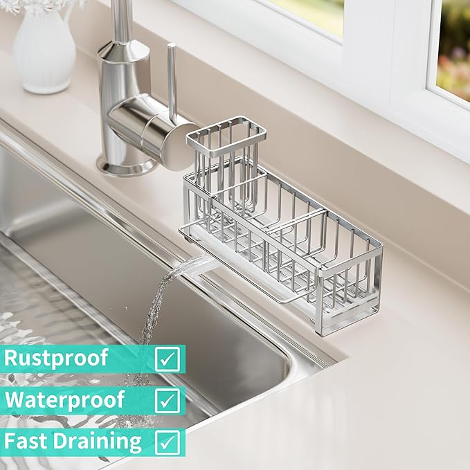 HapiRm Sponge Holder for Kitchen Sink - Self-draining Sink Caddy with Brush Holder and Dishcloth Holder, Stainless Steel Kitchen Organizer - Silver