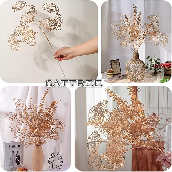 Christmas Artificial Plants Decoration 26" Tall, CATTREE Fake Plastic Golden Apricot Leaves Simulation Ginkgo Leaf Grass for Wedding Party Indoor DIY Home Office Table Centerpieces Decor Gold - 2 Pack