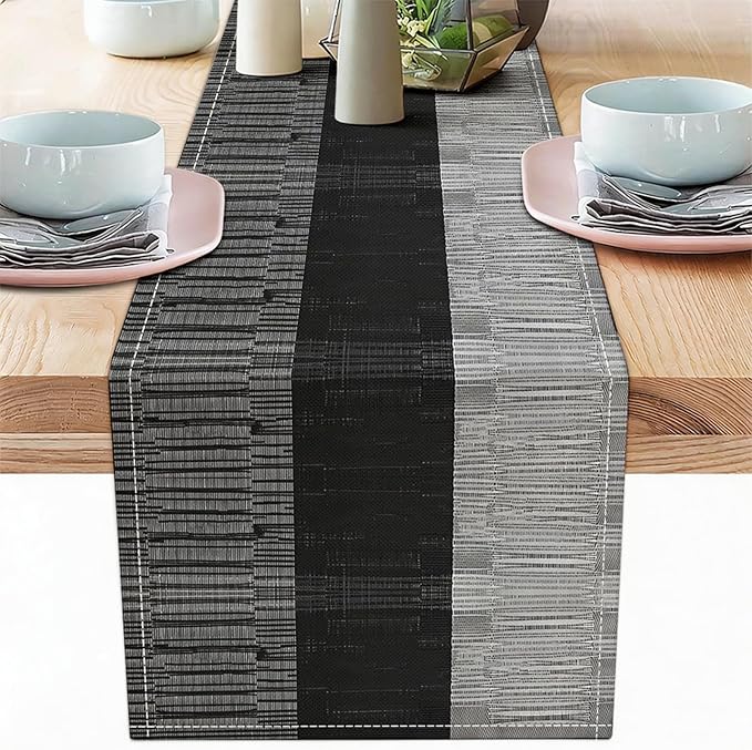 Niviy Black Grey Boho Table Runner, 12x72 Inch Washable Easy to Clean Farmhouse Indoor Outdoor Table Runner for Holiday Party Kitchen Dining Room Decoration
