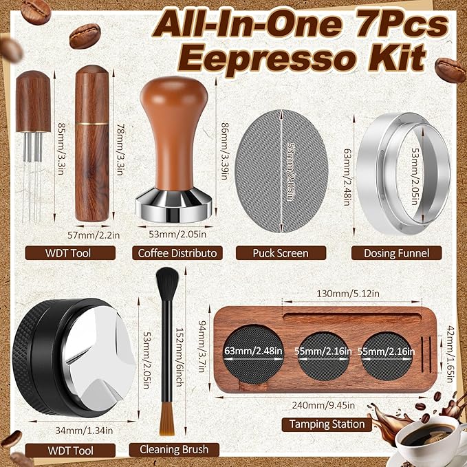 7 Pcs Espresso Accessories Kit, 53 mm Coffee Tamper Set Espresso Machine Accessories Coffee Tamper Wdt Tool Dosing Funnel Puck Screen Brush Tamping Station for 53 mm Barista Tools