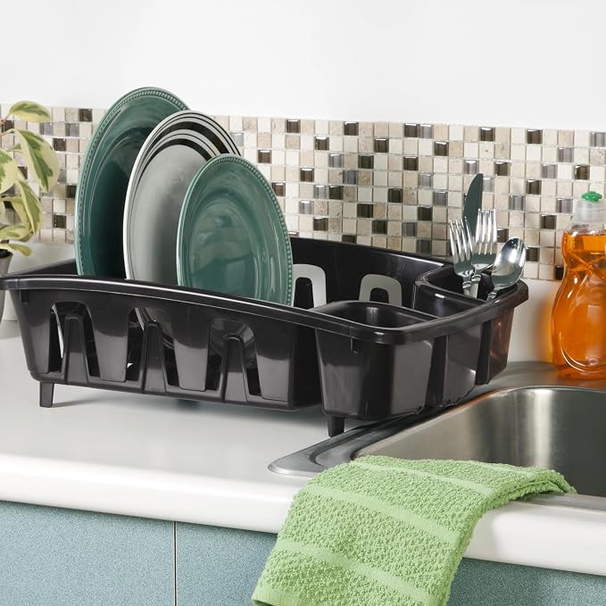 Dish Drying Rack with Drainboard Set, All-in-1 Kitchen Dishrack with Inclined Base for Quick Water Drainage, Black Plastic Dish Drainer