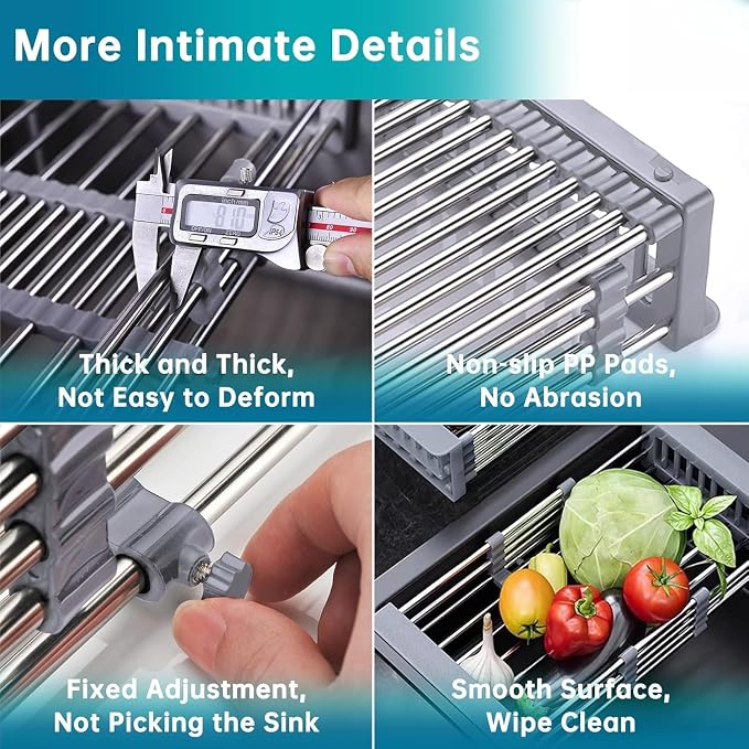 Expandable Dish Drying Rack Over The Sink, Stainless Steel Drainer Basket with Adjustable Arms for Dishes, Vegetable and Fruit (Grey)