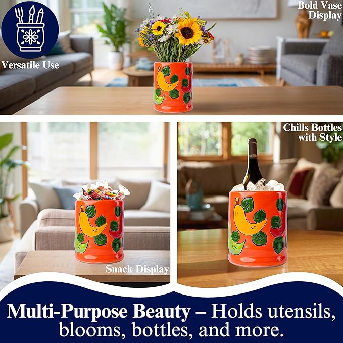 Talavera Utensil Holder - Hand Painted Ceramic Spoon Crock - Colorful Utensil Crock - Large Mexican Spoon Rest 6" H (Orange Chilies)