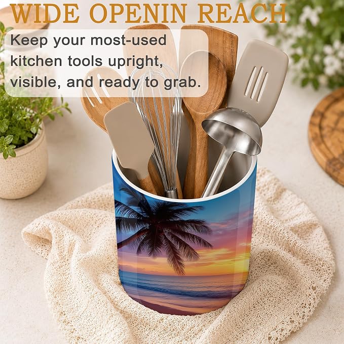 Tropical Palm Kitchen Utensil Holder,Sunset Trees Sea Beach Large Ceramic Utensil Crock for Countertop,Cooking Utensil Organizer for Spatulas,Spoons