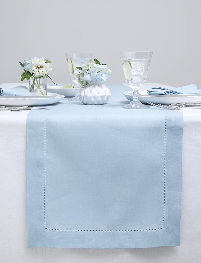 Solino Home Linen Sky Blue Table Runner 132 Inches Long - 100% Pure Linen Extra Long Table Runner 14 x 132 Inch for Summer - Classic Hemstitch