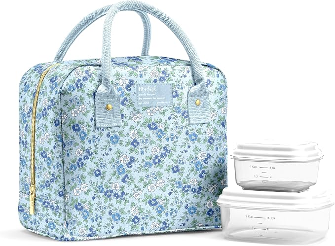 Fit & Fresh Bloomington Lunch Bag for Women - Insulated Large Lunch Box for Work with Containers, Leak-Resistant, Stain-Resistant, Zipper Closure, Ditsy Flowers Blue