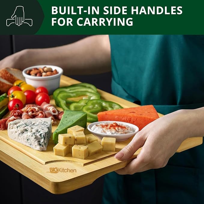 Big Kitchen 3-Piece Bamboo Cutting Board for Kitchen Butcher Block for Chopping Meat, Veggies & Cheese Durable Non-Plastic Wooden Chopping Board with Juice Groove & Easy Grip Handles