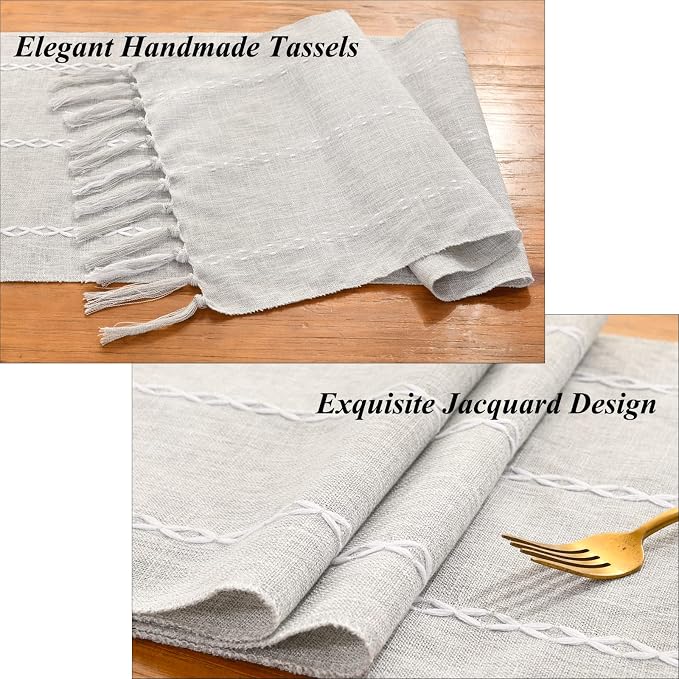 Wracra Rustic Linen Table Runner Farmhouse Style Table Runners 108 inches Long Embroidered Table Runner with Hand-Tassels for Party, Dresser Decor and Dining Room Decorations (Light Grey, 13"×108")