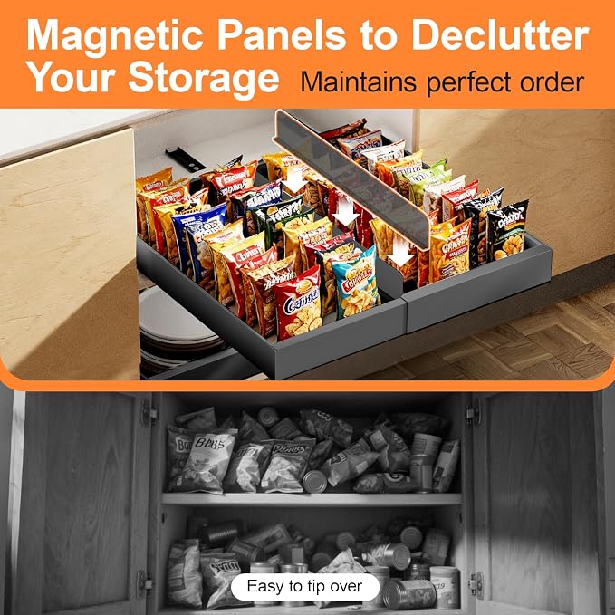 YJHome 2 Pack Pull Out Cabinet Organizer, No Drill Expandable Width 12"-20" & 21" Depth, Adhesive or Screw-In Installation, Magnetic Divider for Custom Storage, for Kitchen Pantry Bathroom Cabinet