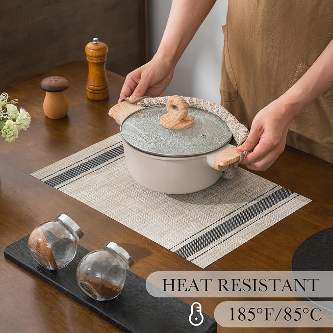 BACKTOEDEN Placemats Set of 8 Heat Resistant Washable Wipeable Placemat Woven Non-Slip Foldable Vinyl/Plastic Place Mats Indoor/Outdoor Mat Kitchen Dining Table Pad, Black Skyline