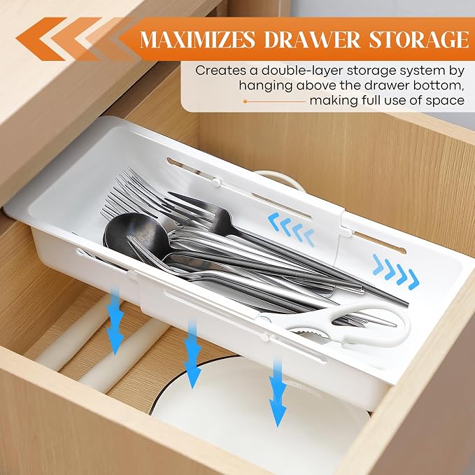 2 Pack Deep Drawer Organizer Bins, Sliding Drawer Organizer Bin Expandable and Adjustable Tray for Kitchen Utensils, BBQ Tools, Towels, Durable Plastic Sliding for Easy Storage(12.4-17.7")